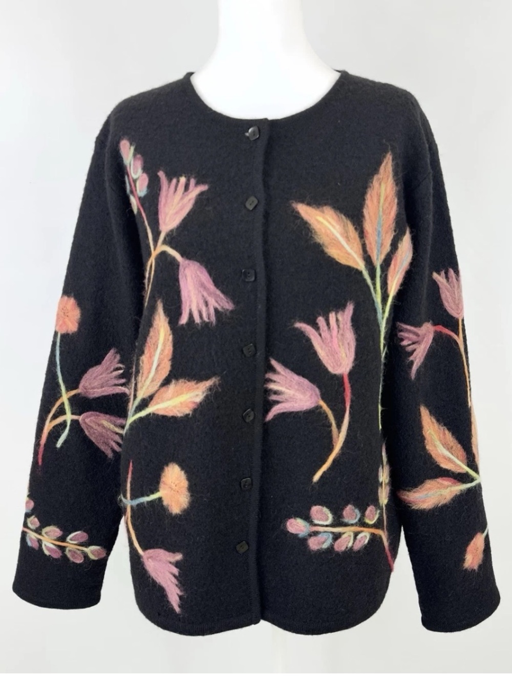 Vintage Susan Bristol Wool Needle Felted Floral Cardigan L